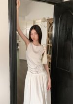 Elegant Sleeveless White Maxi Dress with Studded Waistband