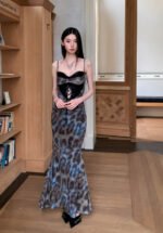 Exquisite Satin Leopard Print Mermaid Dress with Corset-Style Bodice