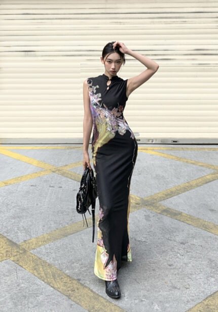 Floral Artisan Modern Twist Black Maxi Dress