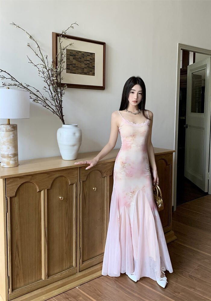 Floral Slim-Fit Strapless Sundress Elegant Slimming Mesh Overlay Maxi Dress