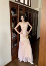 Floral Slim-Fit Strapless Sundress Elegant Slimming Mesh Overlay Maxi Dress