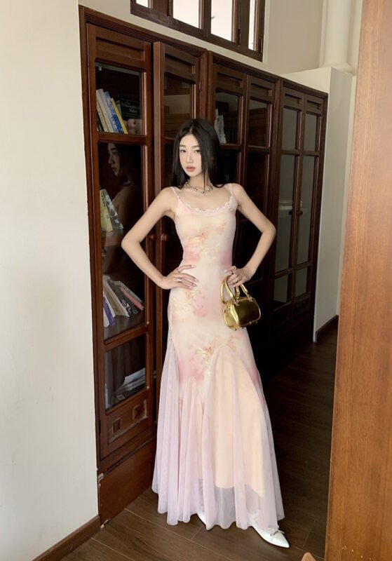 Floral Slim-Fit Strapless Sundress Elegant Slimming Mesh Overlay Maxi Dress
