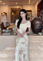 French Vintage Floral Print Spaghetti Strap Dress Summer Sundress
