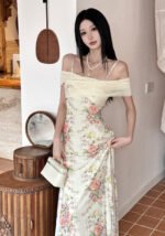 French Vintage Floral Print Spaghetti Strap Dress Summer Sundress