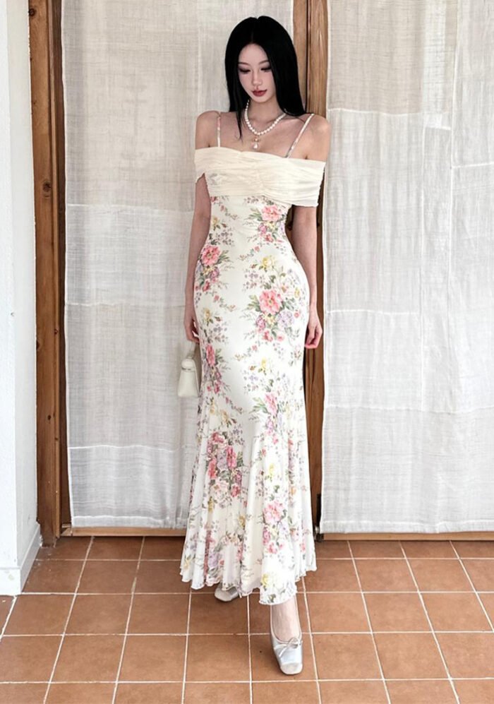 French Vintage Floral Print Spaghetti Strap Dress Summer Sundress