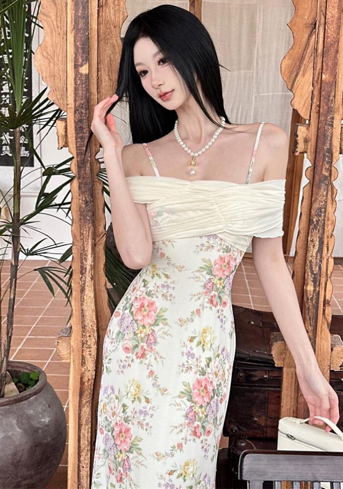 French Vintage Floral Print Spaghetti Strap Dress Summer Sundress