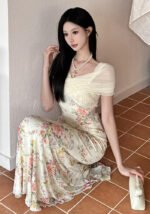 French Vintage Floral Print Spaghetti Strap Dress Summer Sundress