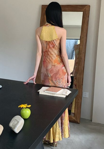 Gold Halter Neck Floral Mermaid Maxi Dress