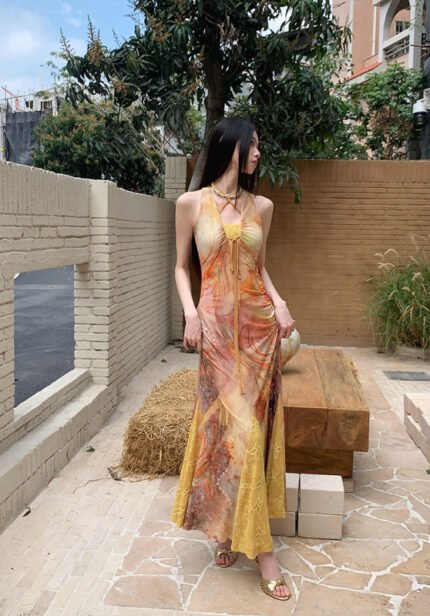 Gold Halter Neck Floral Mermaid Maxi Dress