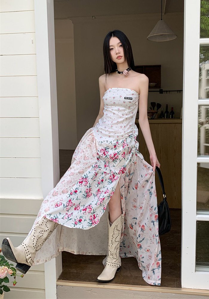 Gothic Floral Patchwork Slimming Tube Dress Sexy Non-Slip Design