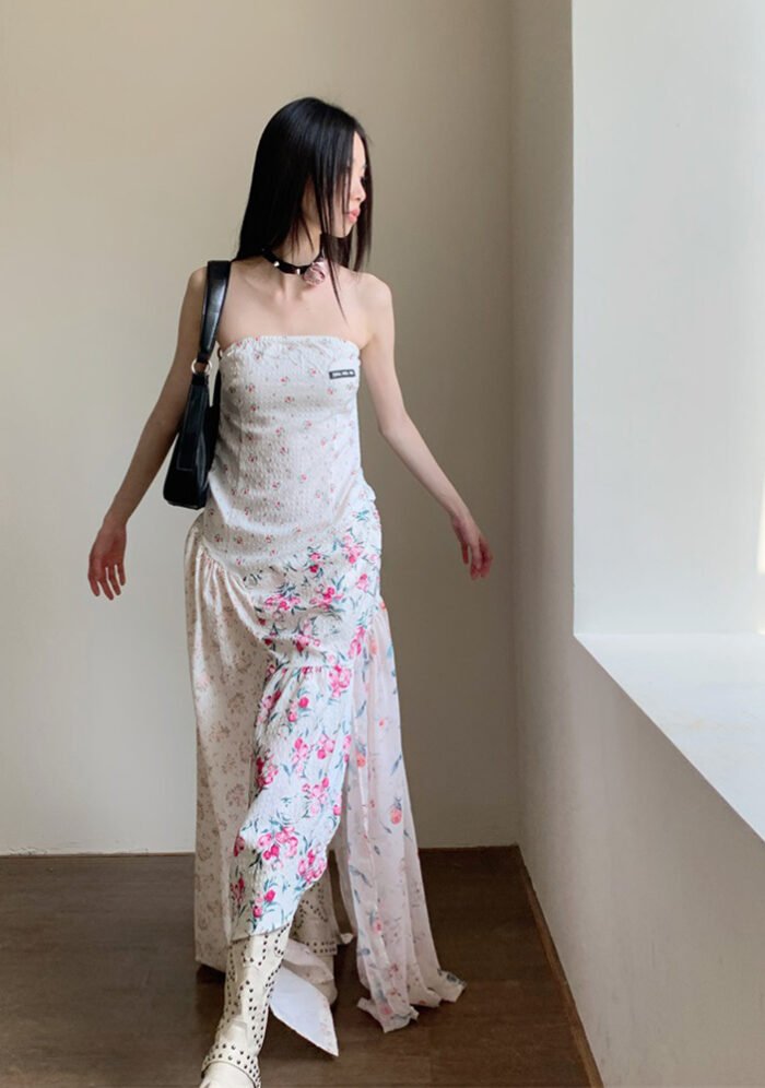 Gothic Floral Patchwork Slimming Tube Dress Sexy Non-Slip Design