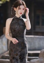 Halter Neck Cheongsam Sleeveless Tailored Black Vintage Qipao