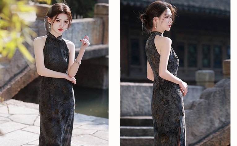 Halter Neck Cheongsam Sleeveless Tailored Black Vintage Qipao