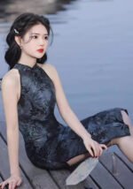 Halter Neck Midi Cheongsam Single-Layer Sleeveless Slim-Fit Qipao