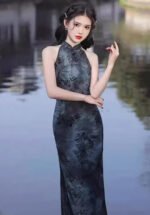 Halter Neck Midi Cheongsam Single-Layer Sleeveless Slim-Fit Qipao