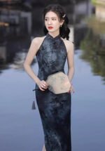 Halter Neck Midi Cheongsam Single-Layer Sleeveless Slim-Fit Qipao
