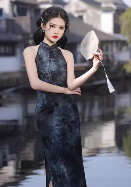 Halter Neck Midi Cheongsam Single-Layer Sleeveless Slim-Fit Qipao