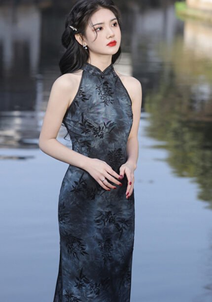 Halter Neck Midi Cheongsam Single-Layer Sleeveless Slim-Fit Qipao