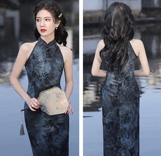 Halter Neck Midi Cheongsam Single-Layer Sleeveless Slim-Fit Qipao