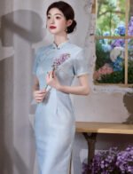 Jacquard Stretch Cheongsam Blue Qipao Dress