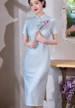 Jacquard Stretch Cheongsam Blue Qipao Dress