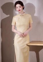 Jacquard Stretch Cheongsam Yellow Qipao Dress