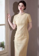 Jacquard Stretch Cheongsam Yellow Qipao Dress