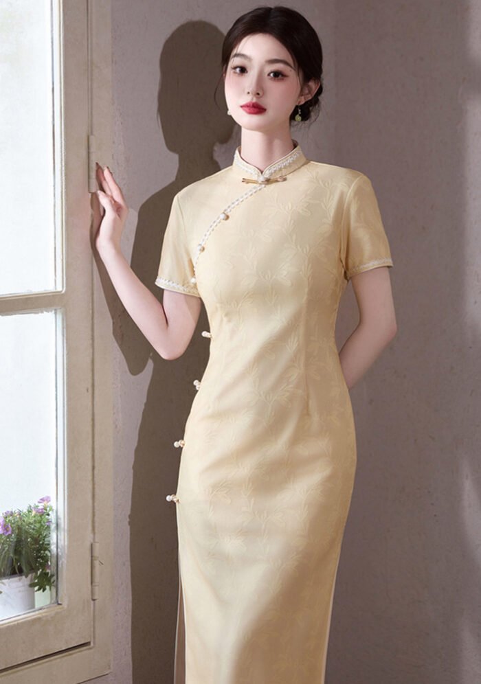 Jacquard Stretch Cheongsam Yellow Qipao Dress