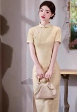 Jacquard Stretch Cheongsam Yellow Qipao Dress