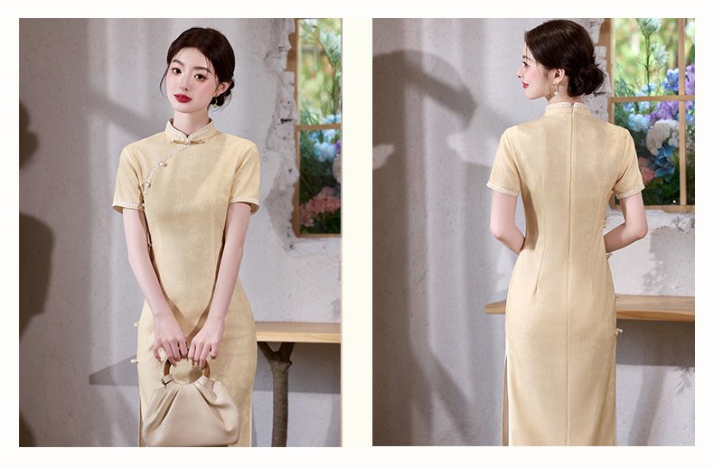 Jacquard Stretch Cheongsam Yellow Qipao Dress