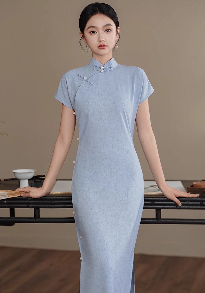 Light Blue Slim-Fit Cheongsam Qipao Dress