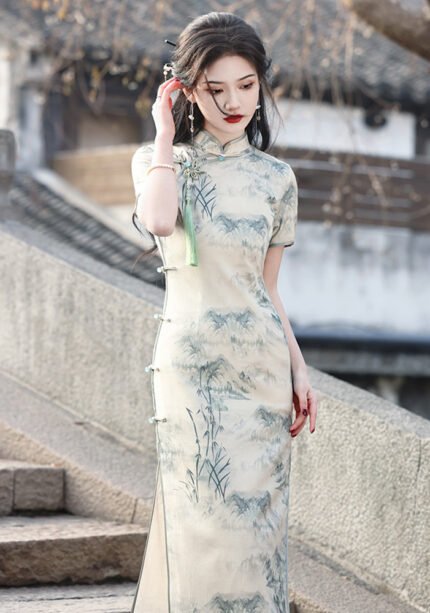 Long Cheongsam Chinese Style Ink Painting Slim Fitting Qipao