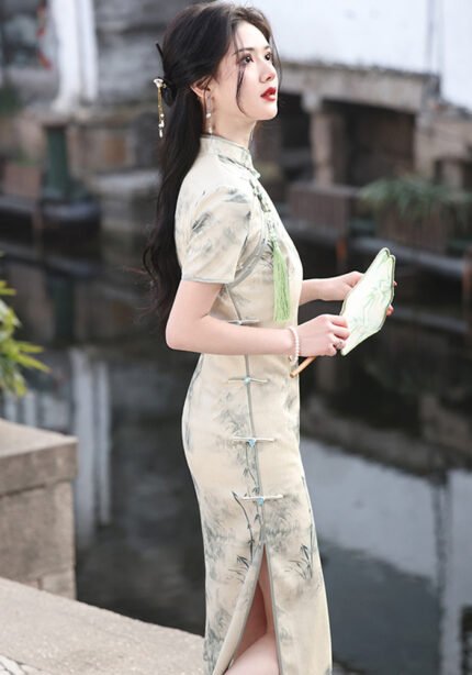 Long Cheongsam Chinese Style Ink Painting Slim Fitting Qipao