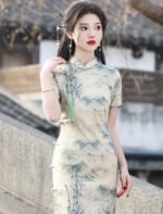Long Cheongsam Chinese Style Ink Painting Slim Fitting Qipao