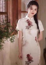 Long Qipao Chinese Floral Elegance Rose Print Cheongsam Dress