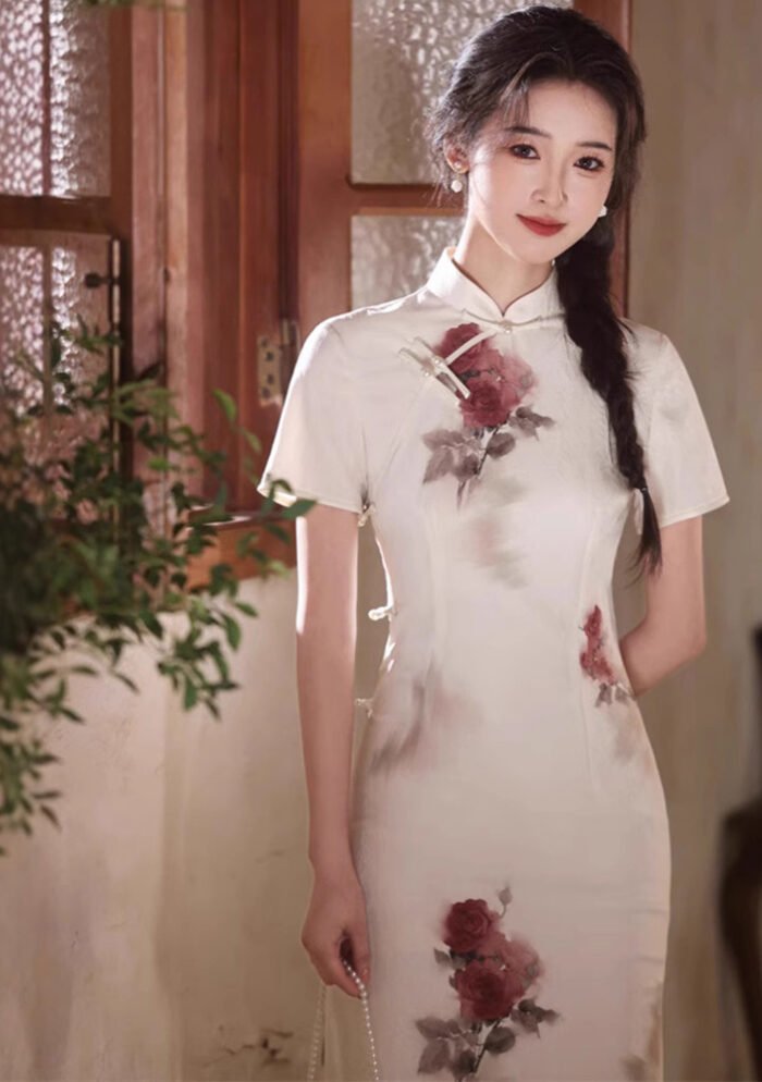 Long Qipao Chinese Floral Elegance Rose Print Cheongsam Dress