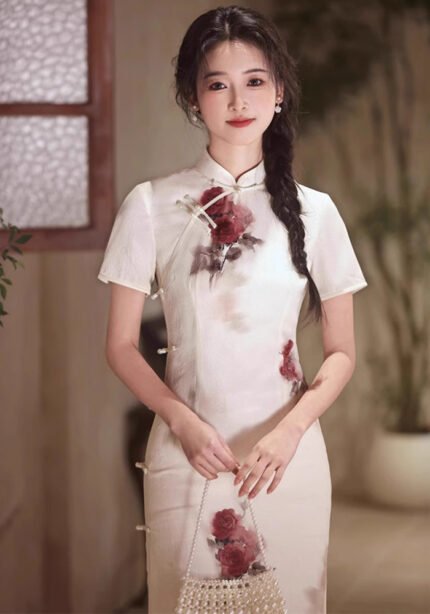 Long Qipao Chinese Floral Elegance Rose Print Cheongsam Dress