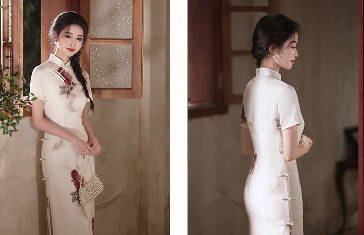Long Qipao Chinese Floral Elegance Rose Print Cheongsam Dress