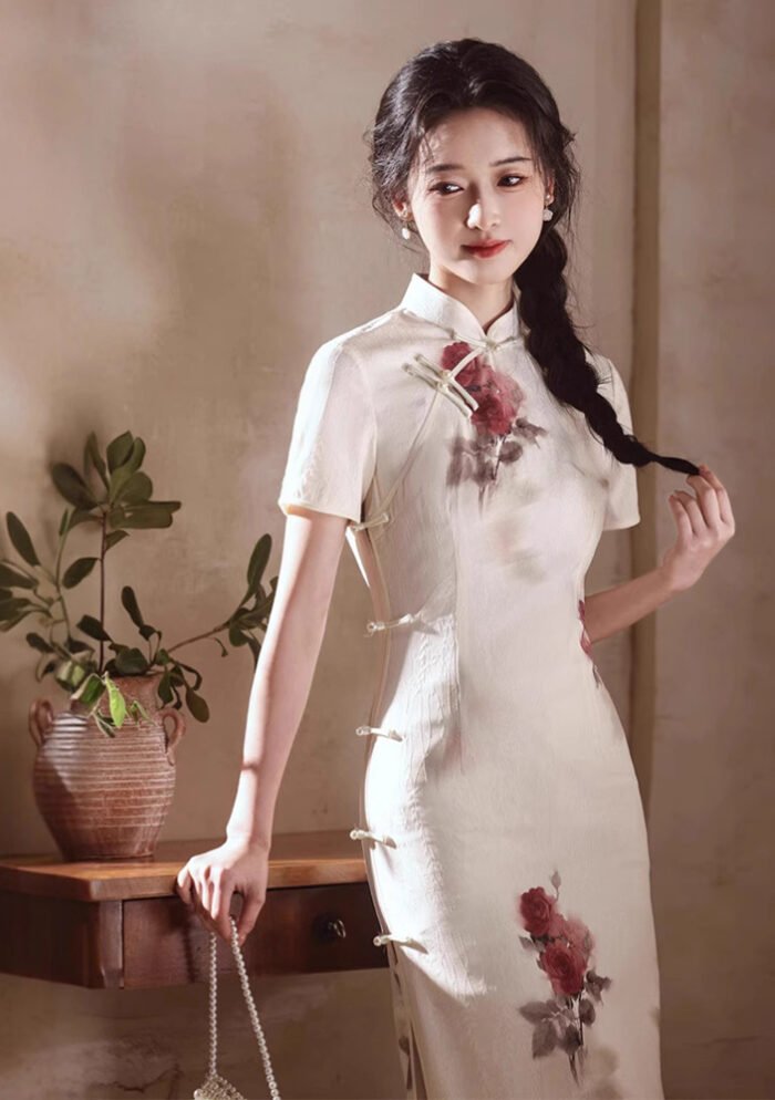 Long Qipao Chinese Floral Elegance Rose Print Cheongsam Dress