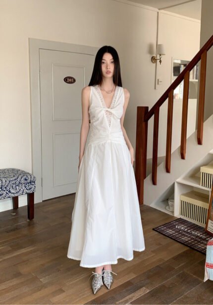 Luminaire Serene Elegance White V-Neck A-Line Maxi Dress