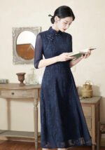 Navy Blue Floral Lace Charm Modern Qipao Dress