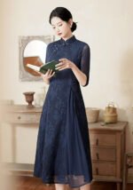 Navy Blue Floral Lace Charm Modern Qipao Dress