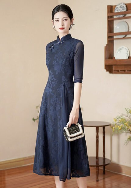 Navy Blue Floral Lace Charm Modern Qipao Dress