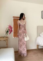 Pink Floral Print Spaghetti Strap Maxi Dress
