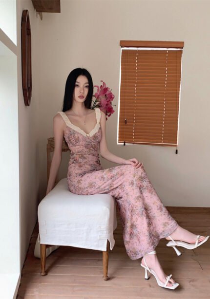 Pink Floral Print Spaghetti Strap Maxi Dress