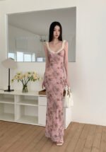 Pink Floral Print Spaghetti Strap Maxi Dress