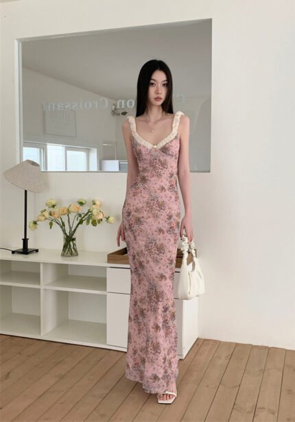 Pink Floral Print Spaghetti Strap Maxi Dress