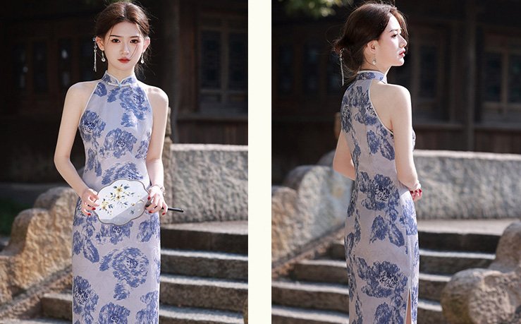 Printed Blue White Porcelain Cheongsam Dresses