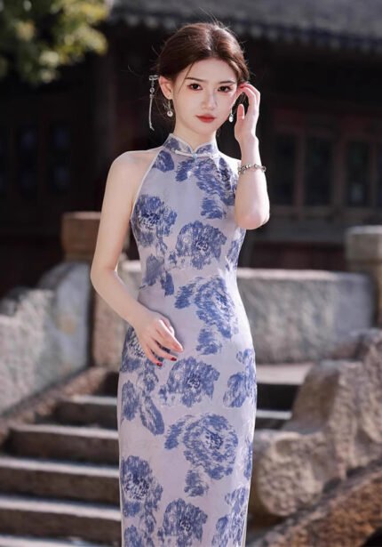 Printed Blue White Porcelain Cheongsam Dresses
