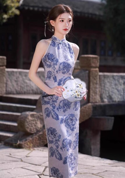 Printed Blue White Porcelain Cheongsam Dresses